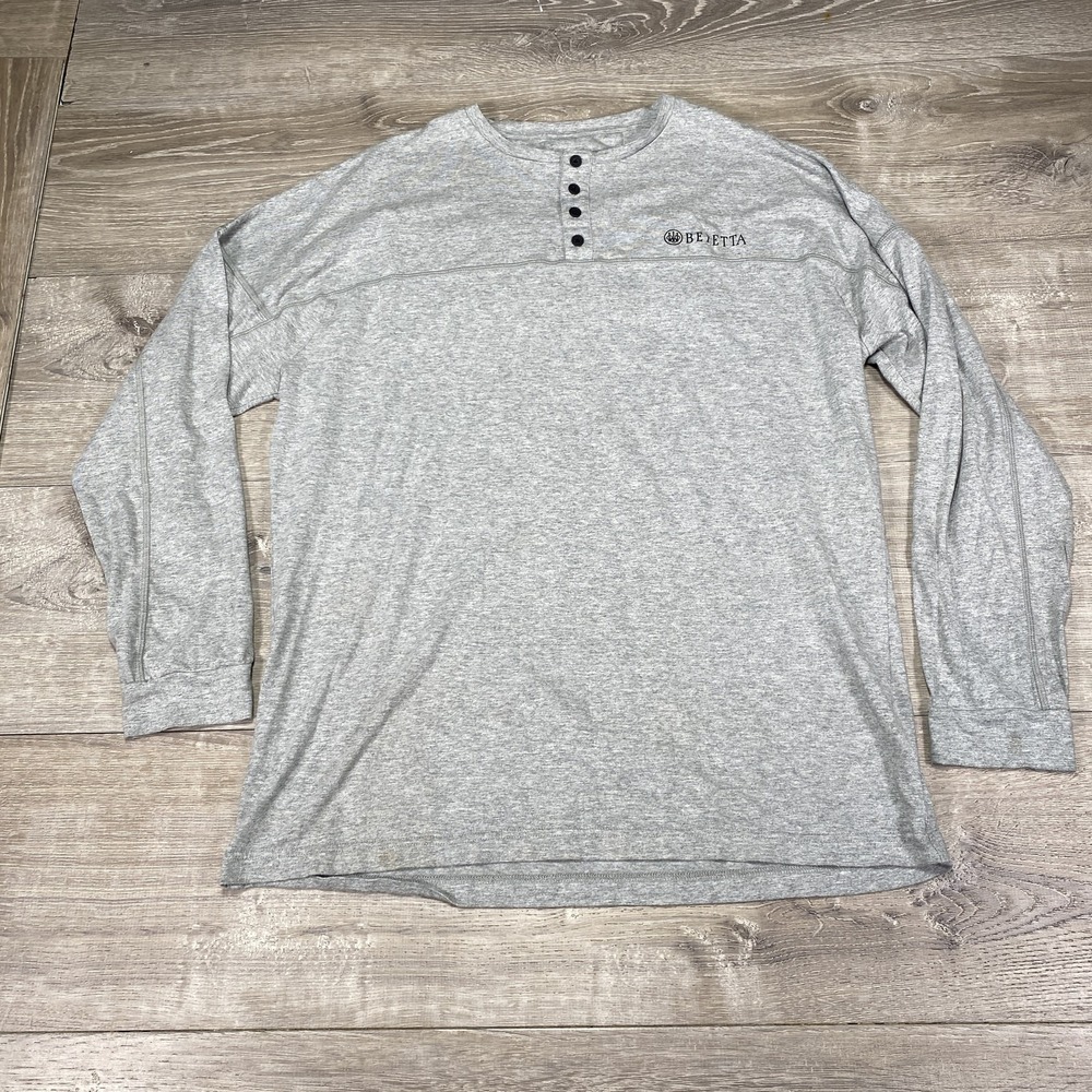 Beretta Shirt Mens XL Gray Long Sleeve Henley Pullover Button Casual Embroidered